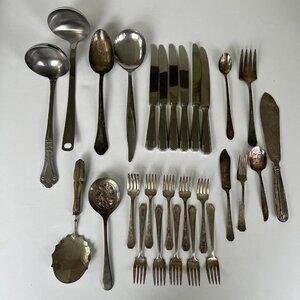 Vintage 29 Pc Assorted Silverware Lot - Ladles, Serving Spoons, Knives & More